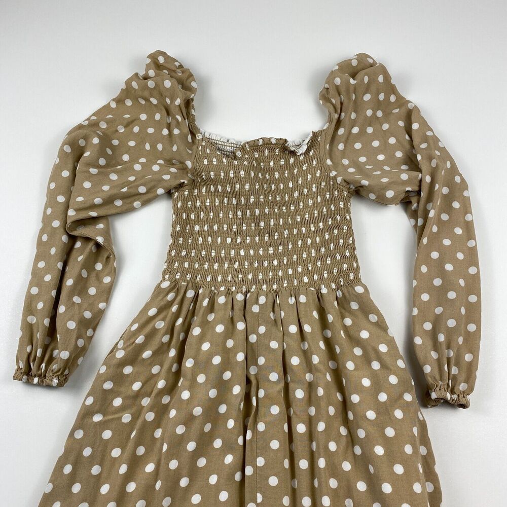 Anthropologie Dolan Dress Left Coast Womens Smocked Midi Polka Dot Small Beige - Picture 7 of 11